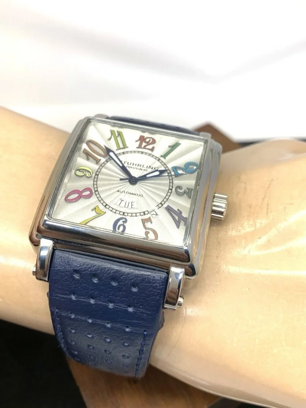 Stuhrling Men's Watch Manchester Ozzie Automatic Silver Blue Leather Band 41mm